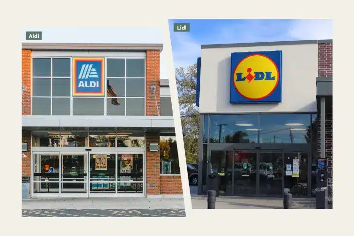 Entrées de supermarchés Aldi et Lidl.